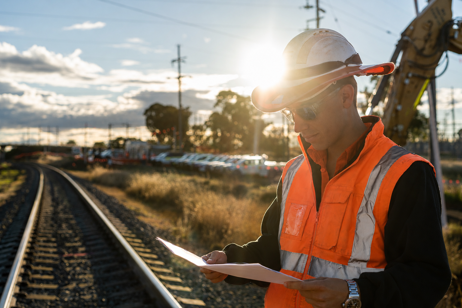 Civil engineer reviewing project plans on site